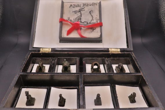 Vintage Chinese Four Symbols Bronze Seal Set – 8 Archaistic Animal Stamps – Dragon Tiger Phoenix Tortoise – Han Style