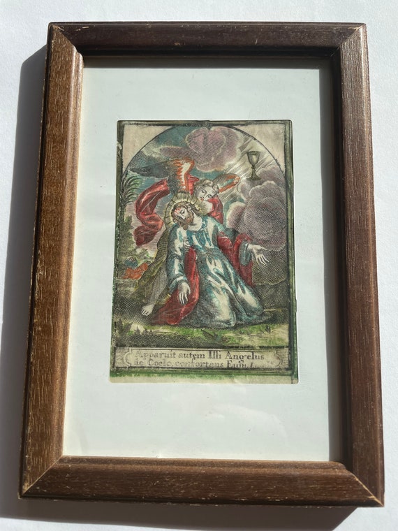 Barock Coloured Copperplate Print on Parchment Jesus in Gethsamone Circa 1700