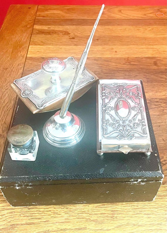 19 century Silver Writing Set with Dip Pen, Blotter and notepad