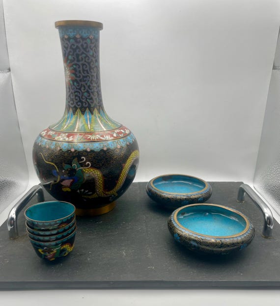 Chinese Cloisonne Dragon Bowl, and decanter set with two bowls on a slate tray early 20th century