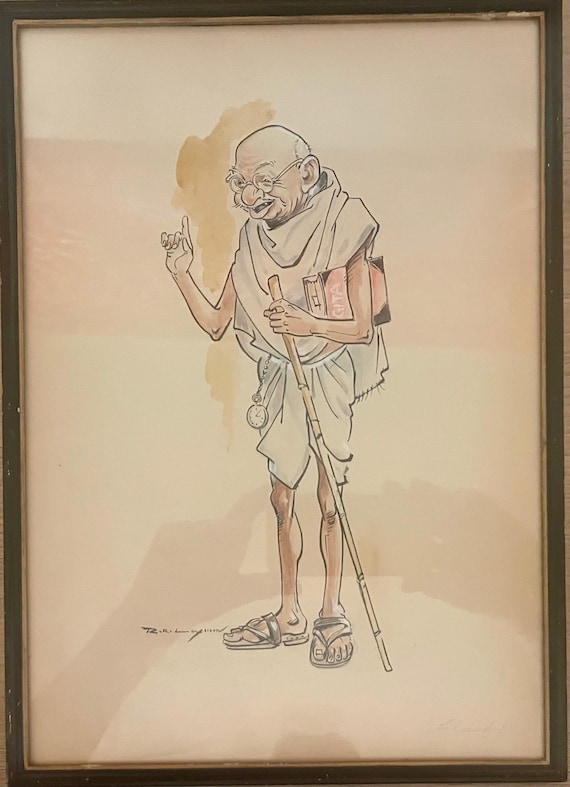 A hand signed original drawing of Mahatma Gandhi by renowned Indian cartoonist R.K. Laxman.