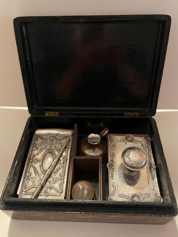 19 century Silver Writing Set with Dip Pen, Blotter and notepad