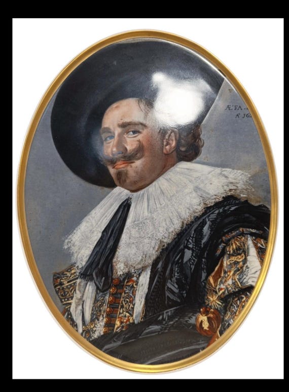 This elegant porcelain wall plaque features a reproduction of The Laughing Cavalier, the iconic 17th-century portrait by Dutch master Frans