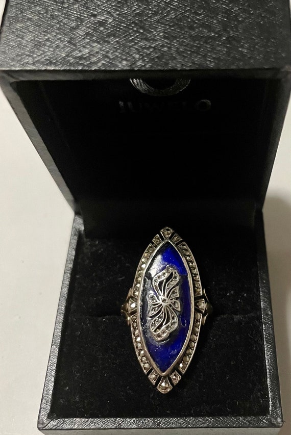 Victorian Blue Enamel Marcasite Gold And Silver Ring