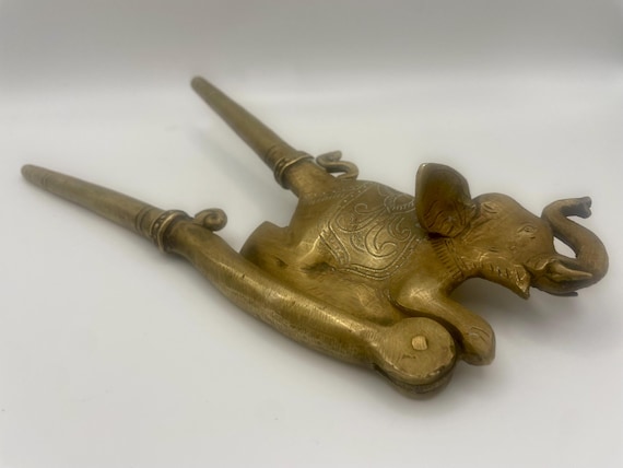 Large 19th Century Indian Brass Elephant Betel Nut Cutter Sarota | Antique Hand Engraved Ethnographic Metalwork 22cm