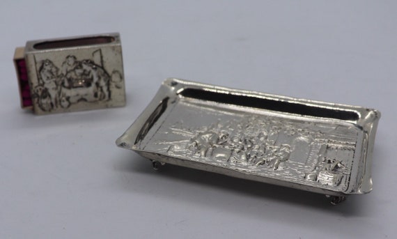 Antique handmade Dutch silver ashtray and a handmade silver matchbox holder.