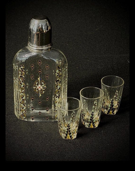 Nancy antique Enamel Glass Flask and glasses