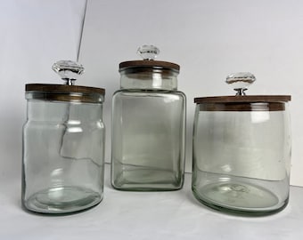 Recycled glass canister set of 3 / custom dark stained lids with oversized flat crystal knobs
