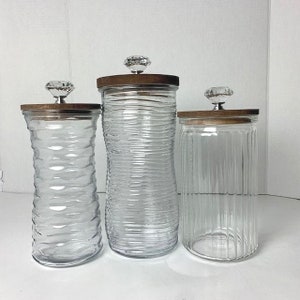Large clear canister set of 3 / Custom dark-stained lids and oversized flat crystal knobs