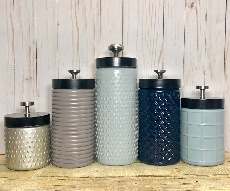 Modern Kitchen Canister Set Rustic Farmhouse Canisters Textured Glass Grays Neutrals Navy Blue Beige