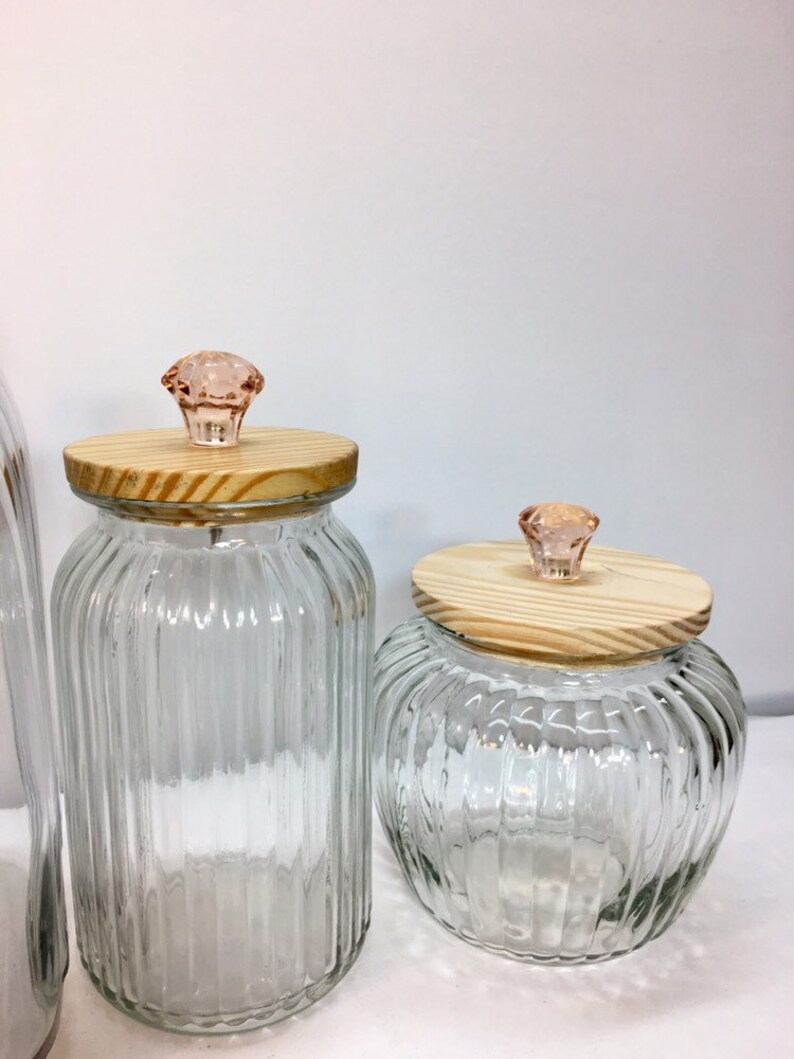 Clear textured glass kitchen canister set wood lids knob Etsy