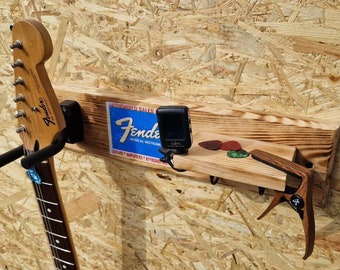 Guitar wall hanger with shelf and hooks