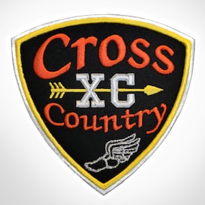 May include: Embroidered patch with a shield shape, featuring the words "Cross Country" in orange and the letters "XC" with an arrow. The patch has a black background with a yellow and white border, and a running shoe graphic.