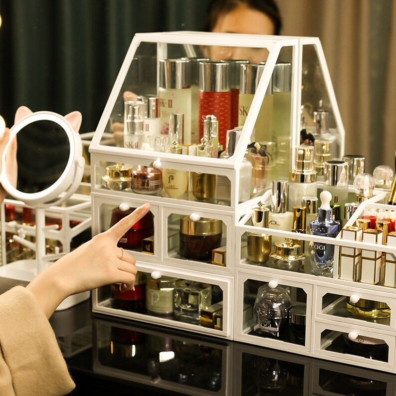 White Frame Glass Makeup Organizer Glass Cosmetic Organizer Etsy