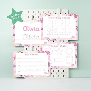May include: Three pink and white printable worksheets with a unicorn theme. The worksheets include pre-writing shapes, tracing shapes, and pen control exercises. The worksheets are labeled "Little Learner" and "Stage 1".