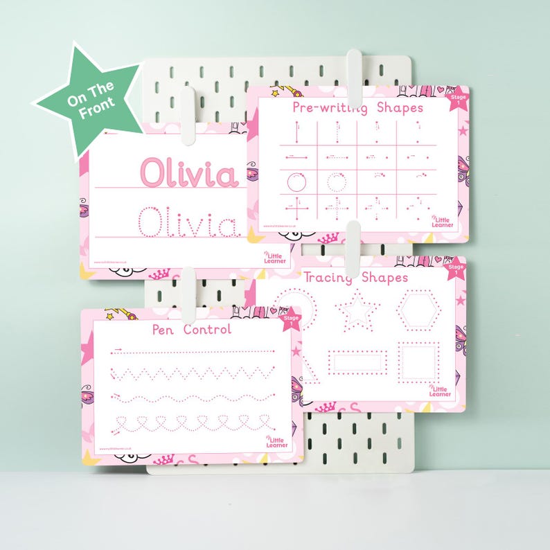 May include: Three pink and white printable worksheets with a unicorn theme. The worksheets include pre-writing shapes, tracing shapes, and pen control exercises. The worksheets are labeled "Little Learner" and "Stage 1".