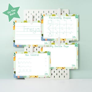 May include: Four white dry-erase boards with colorful borders and illustrations of animals. The boards are labeled "Pre-writing Shapes", "My Doodle Page", "Pen Control", and "Freya".