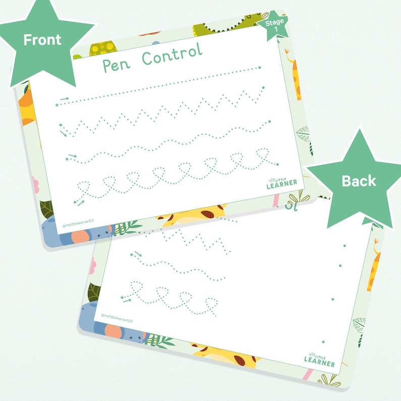 May include: A green and white worksheet with the title "Pen Control" and dotted lines for tracing. The worksheet is designed for children to practice their fine motor skills. The back of the worksheet is blank.