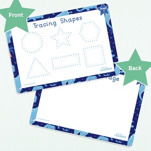 May include: A blue and white tracing shapes activity sheet with a dinosaur theme. The sheet has a dotted outline of a circle, star, hexagon, rectangle, and triangle. The sheet is labeled "Tracing Shapes" and "Stage 1".