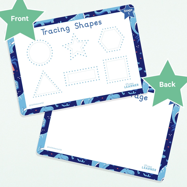 May include: A blue and white tracing shapes activity sheet with a dinosaur theme. The sheet has a dotted outline of a circle, star, hexagon, rectangle, and triangle. The sheet is labeled "Tracing Shapes" and "Stage 1".