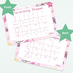 May include: A pink and white printable worksheet with the text "Pre-writing Shapes" and "Stage 1". The worksheet has two sides, one side has dotted lines for tracing basic shapes like lines, circles, and crosses. The other side has dotted lines for tracing more complex shapes like triangles, squares, and diamonds.