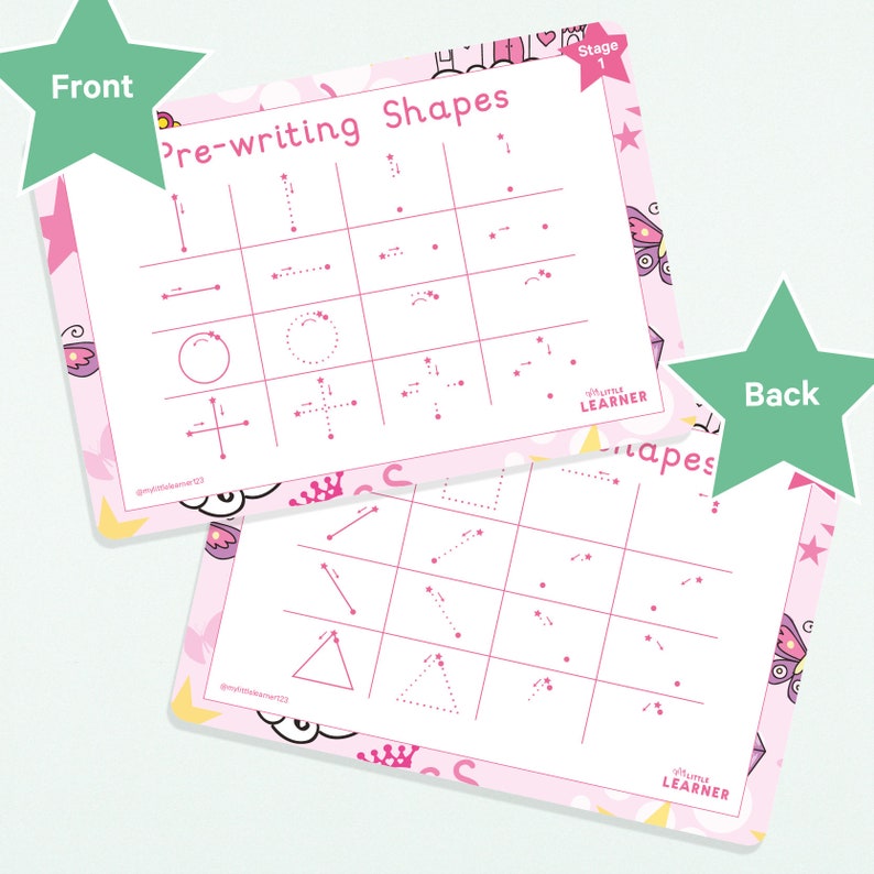 May include: A pink and white printable worksheet with the text "Pre-writing Shapes" and "Stage 1". The worksheet has two sides, one side has dotted lines for tracing basic shapes like lines, circles, and crosses. The other side has dotted lines for tracing more complex shapes like triangles, squares, and diamonds.