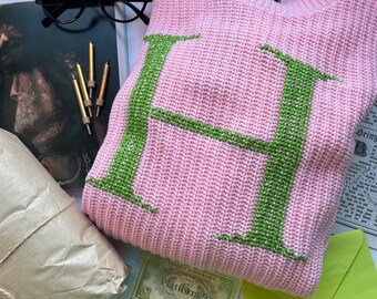 READY to SHIP | Ready to ship pink jumper with green H |