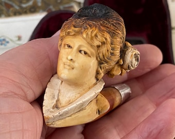 Hermosa pipa antigua de arcilla de espuma de mar con cabeza de mujer tallada de estilo victoriano/eduardiano (D2)