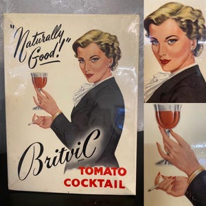 Ungewöhnliche antike /vintage Celluloid bedeckte Karte britvic Tomatencocktail glamouröse Dame Geschäft /Pub Werbung Display Show Card / Board (D3)