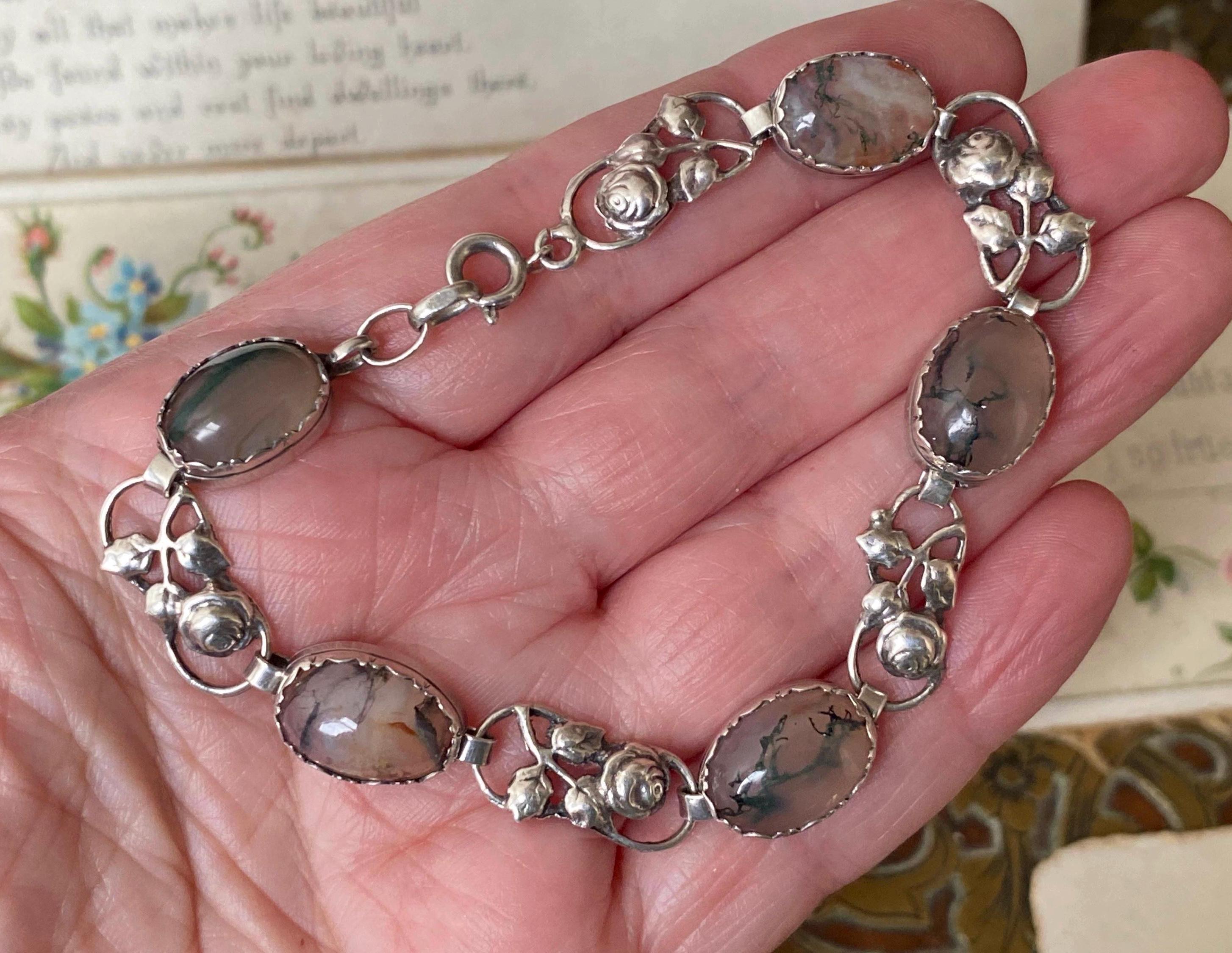 素晴らしい珍しいヴィンテージスターリングシルバーモスアゲートと