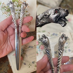 Unusual Victorian English Hallmarked Sterling Silver Handled Glove Stretchers - Jaguar / Panther Head Design ( 1 )