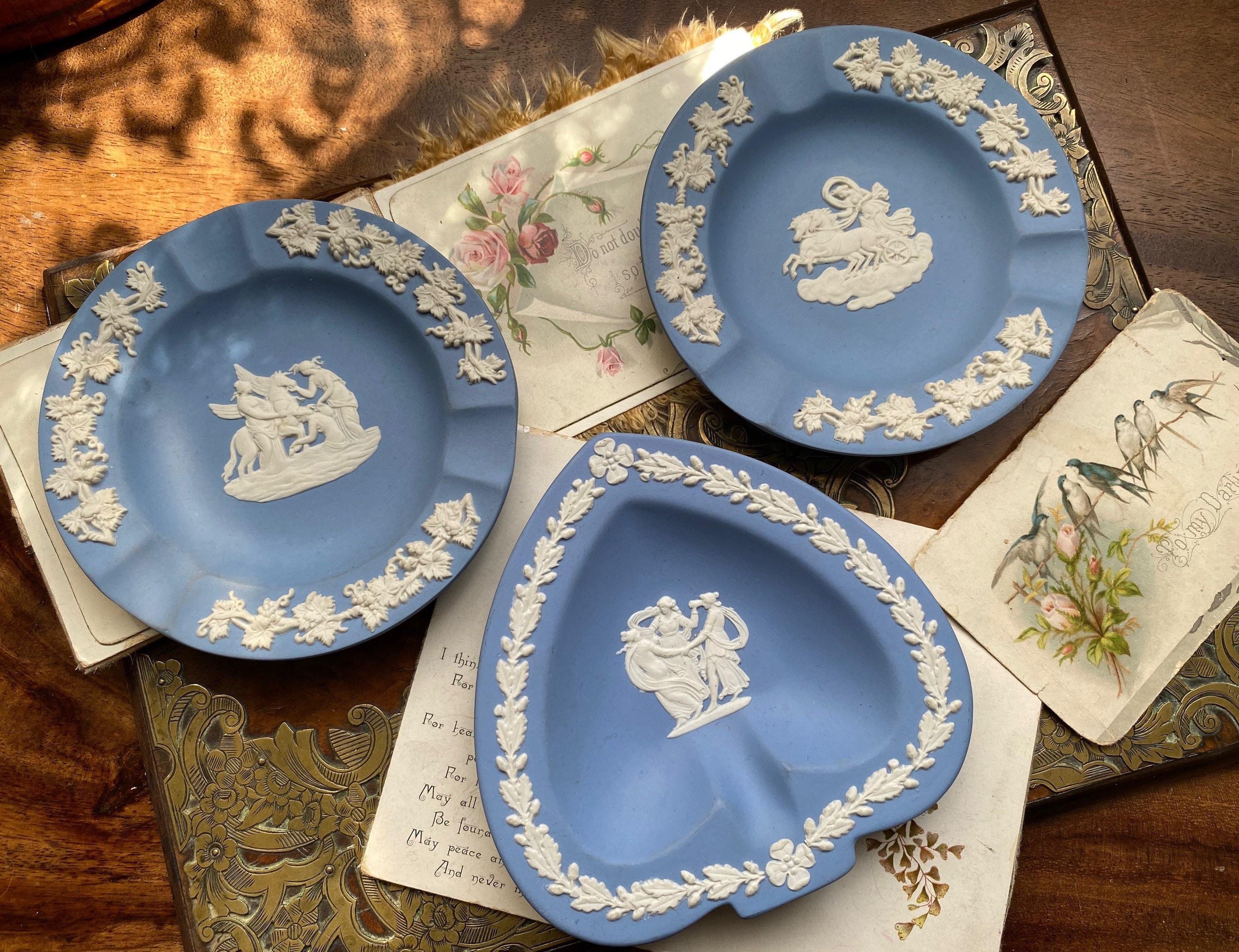 Three Beautiful Wedgwood Blue Jasperware Pottery Trinket Dish