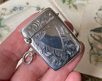 Beautiful antique minature English hallmarked engraved sterling silver vesta case /fob ( 4 )