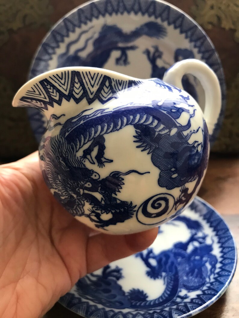 Beautiful Antique Japanese egg shell china blue and white dragon chasing flaming pearl design milk jug /& sugar use or cabinet