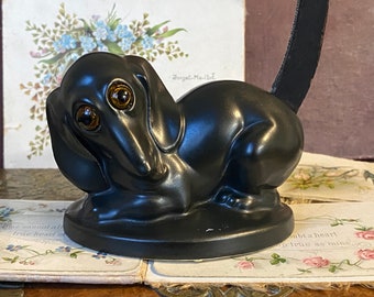 Unusual antique / Vintage Ornamental pottery & wood novelty Dachshund dog with glass eyes  jewellery /jewelry stand / ring tree ( F )