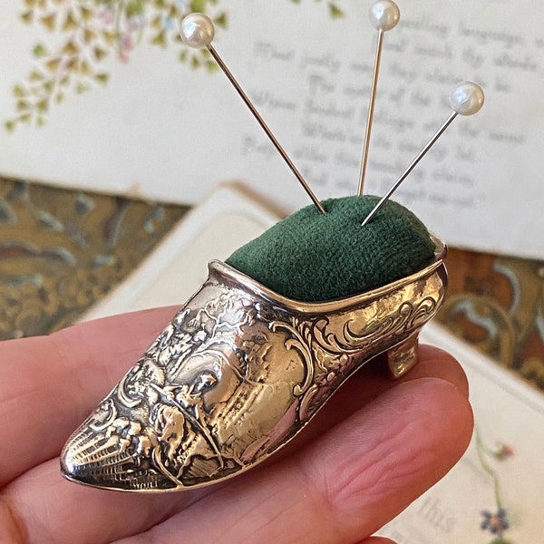 Unusual Antique Victorian miniature novelty Sterling Silver shoe Pin Cushion/Stick Pin Stand -sewing accessory ( 1 )