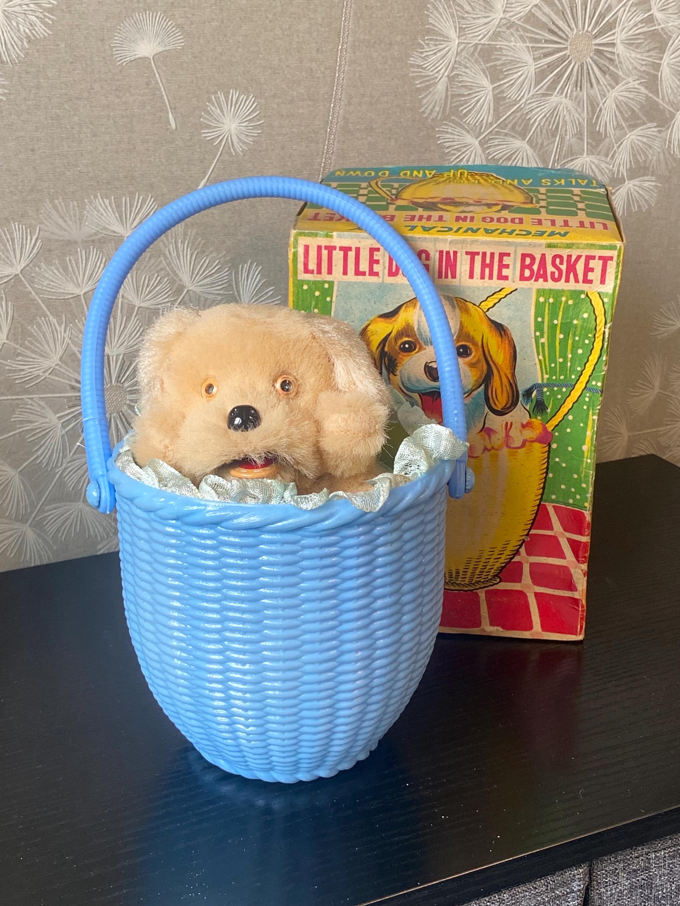 Vintage 1960s Wind up Clockwork Dog Toy in Basket, Made in Japan