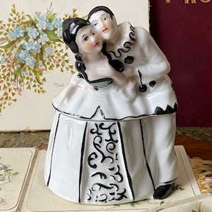 Unusual Antique Art Deco French Pierrot clown & columbine Porcelain /China Lady Half Doll Powder /trinket pot ( B )
