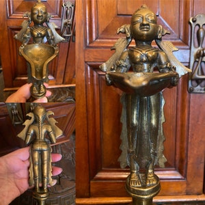 Fabulous antique victorian solid brass Lakshmi Indian deity /goddess of wealth oil lamp sculpture/statue/ornament ( H )
