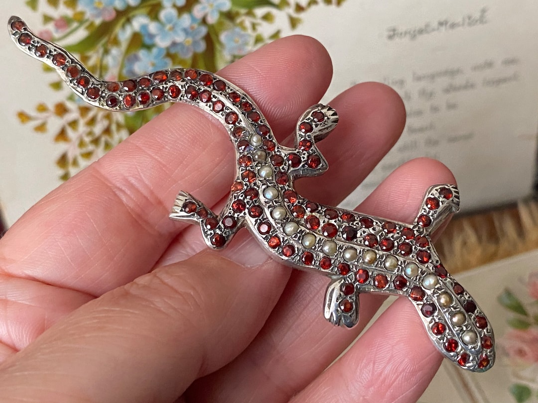 Buy Large Antique /vintage Sterling Silver Garnet Pearl Lizard  /gecko/salamander Reptile Brooch /pin Online in India