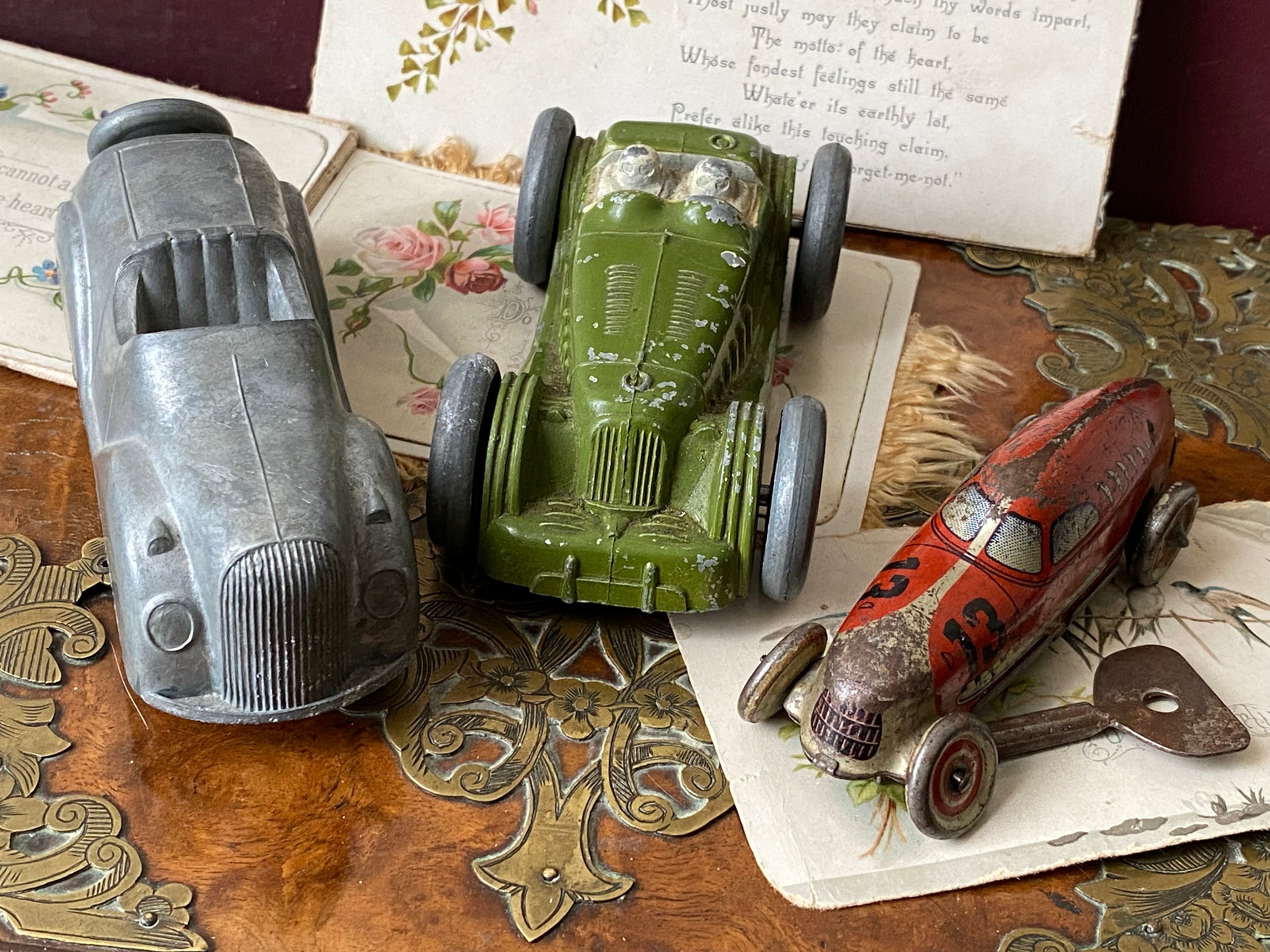 Three Unusual Antique vintage 1940s Die Cast Tin Toy Cars
