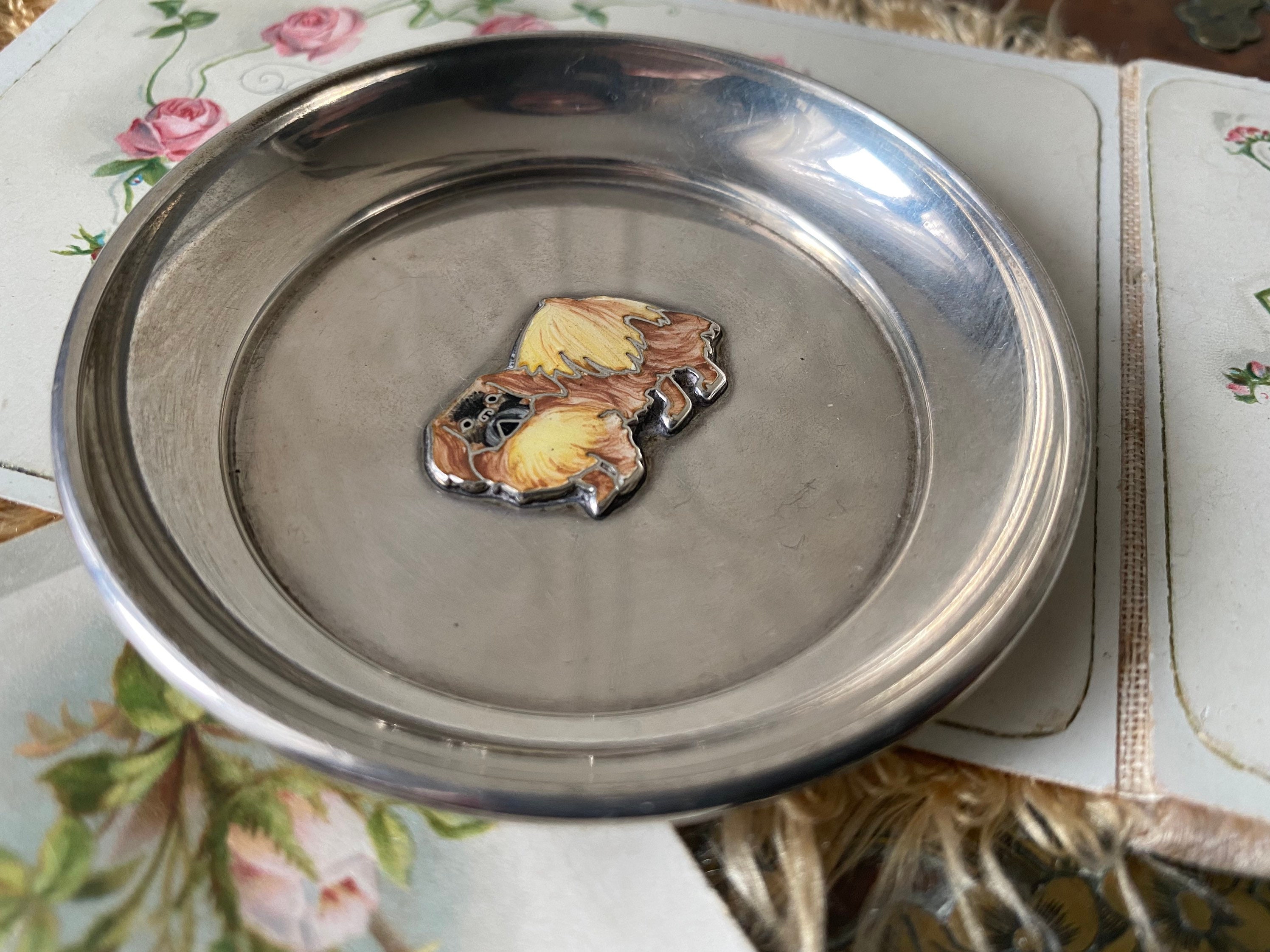 Fabulous vintage sterling silver enamel Pekinese Pekingese dog trinket tray /jewellery dish /ring tray