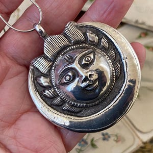 Vintage Sun and Moon Pendant 925 Sterling Silver Necklace Medallion - Surya and Chandra Hindu Deity’s ( 4 )