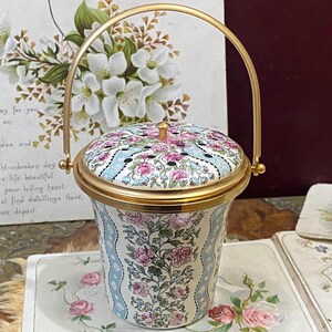 Fantastic vintage Halcyon days bilston enamel english rose potpourri pot /miniature basket ( H )