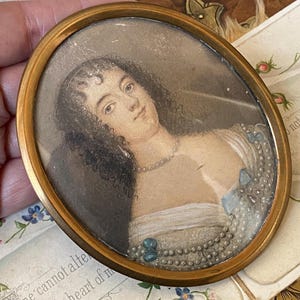 Unusual antique Georgian hand painted portrait miniature watercolour painting on card plaque /picture in a brass frame ( 1 )