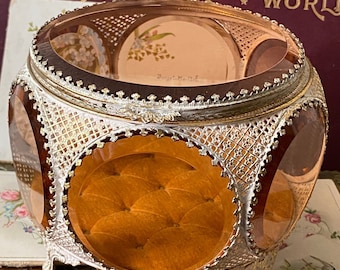 Stunning large vintage 1950s Victorian revival bevelled peach Glass panel Casket, Trinket box/jewelry/Jewellery/keepsake Box (C )