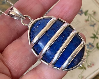 Collana con pendente modernista insolito, grande, spesso e pesante in argento sterling con lapislazzuli (4)