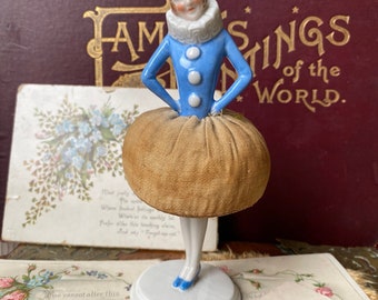 Beautiful unusual rare Antique art deco Pierrot blue hand painted China half doll sewing / stick pin /hat pin cushion doll ( E )