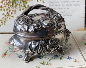 Unusual Antique French Victorian gothic roses & vines Miniature embossed Metal Casket, Ring, Trinket, Jewellery Box ( 1 )