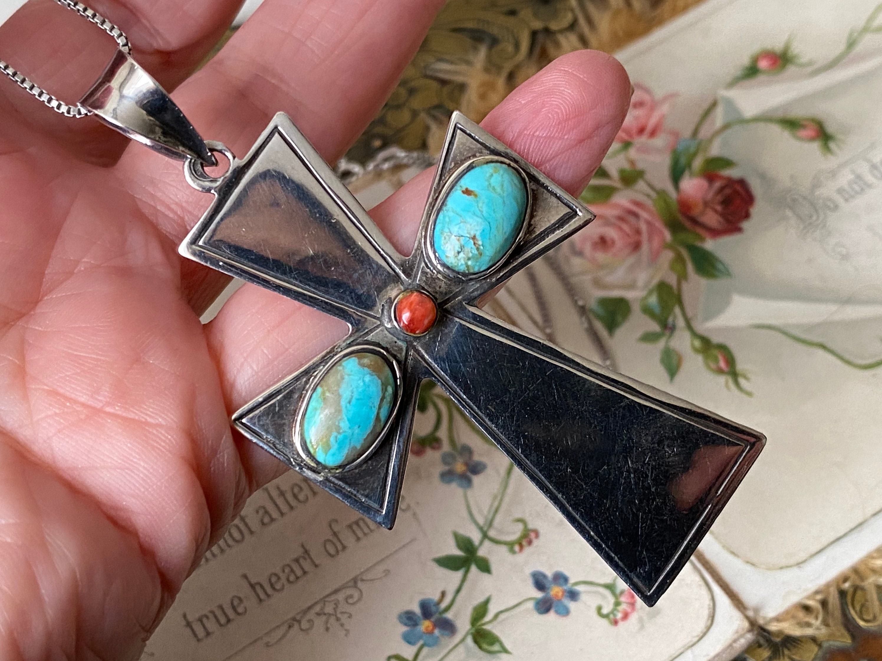 Turquoise, Coral, Mother of Pearl with Handmade Silver Cross Necklace -  Fatto a Mano Antiques